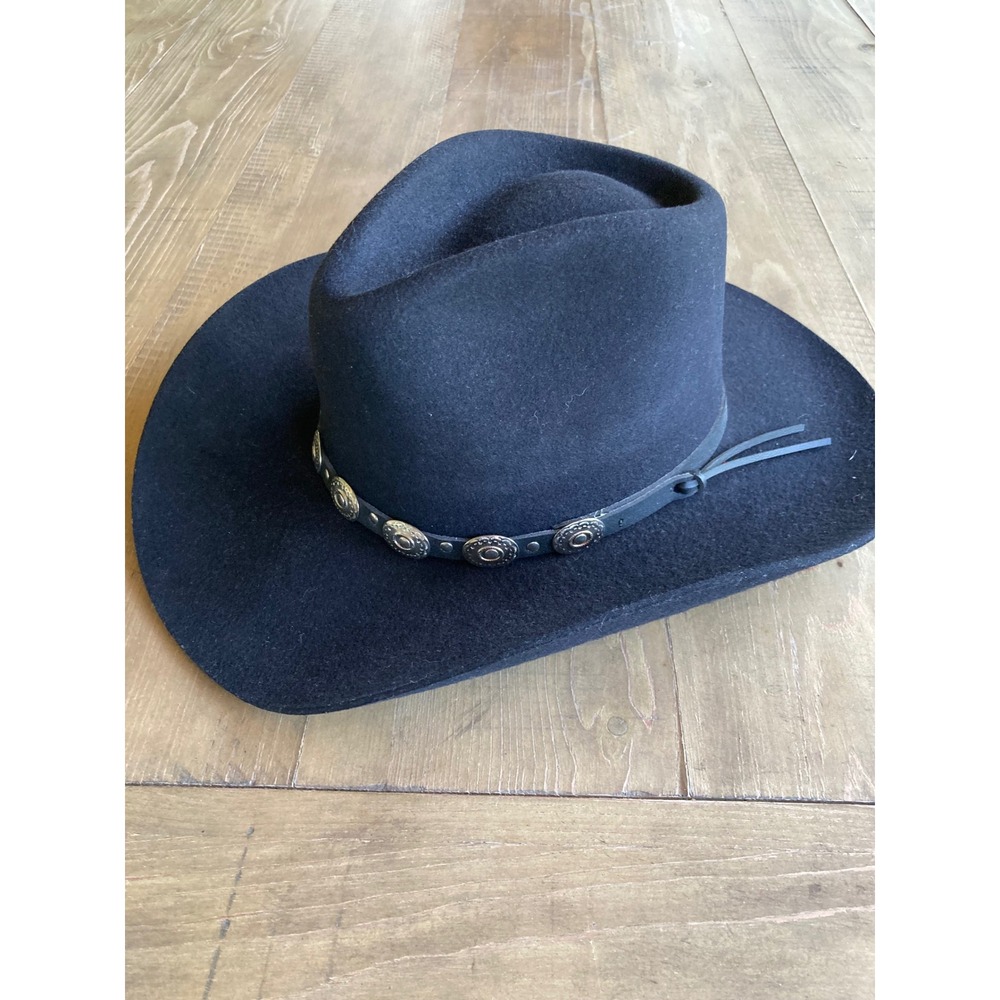 Stetson‎ Pony Express Teague Black Pure Wool Cowboy Hat Silver Concho Band 7 1/8 - Picture 3 of 12